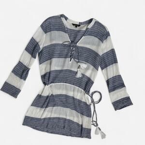 Spiaggia Dolce Striped Tassel Tie Lace Up Swim Cover Up Tunic Dress White Blue M